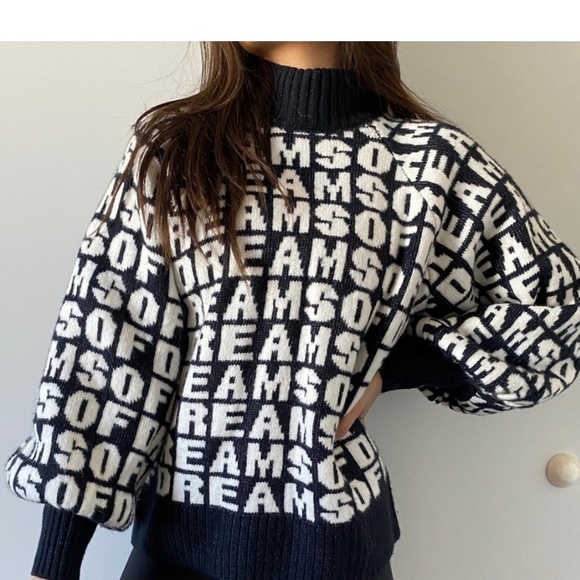 H&M DREAMS OF DREAMS WOOL BLEND BALLOON SLEEVES GRAPHIC THICK SWATER SIZE LARGE - Picture 1 of 8
